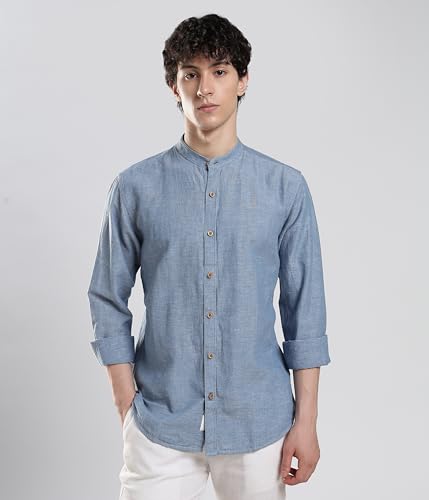 Image of TURMS Men's Casual Solid Linen Shirt | Water Repellent | Anti Stain Anti Odor | Kansas Linen | Mandarin Collar | Full Sleeves