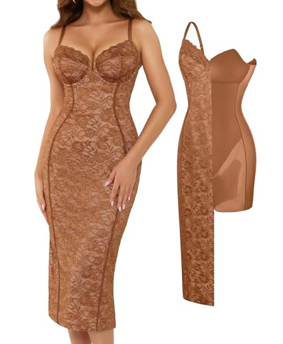 Image of Popilush Lace Corset Dress with Built in Shapewear Formal Cocktail for Women Deep V Neck Side Slit Bodycon Midi Black