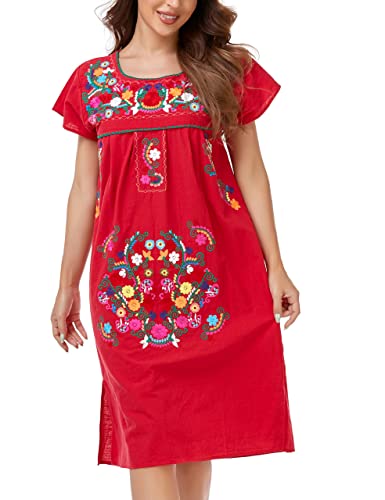 Image of YZXDORWJ Women Mexican Embroidered Long Dress Ruffle Collar Maxi Boho Floral Summer Short Sleeve