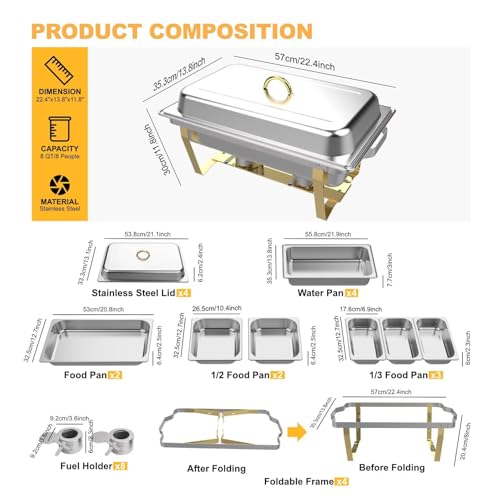 Chafing Dishes for Buffet 4 Pack,Festa Essential 8QT Elegant Gold&Silver Stainless Steel Rectangular Catering Chafers Food Warmer with Full,Half,1/3 Food Pan,Fuel Holder,Foldable Frame For Any Party - Image 3