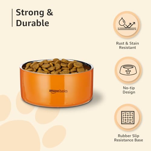 Image of Amazon Basics Quintessential Double-Walled Stainless Steel Premium Pet Bowl | 1900 Ml | Large | for Dogs, Cats, and Pets | Orange