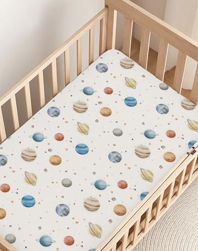 Image of Crib Sheets for Boys and Girls, 2 Pack Fitted Baby Sheets for Standard Toddler Mattress 28 inch x 52 inch, Soft Breathable Jersey Knit Baby Bedding (Stellar Adventure)