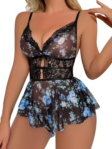 Image of Lilosy Sexy Bows Floral Lace Mesh Babydoll Lingerie Romper