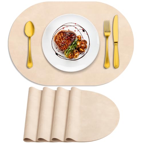 ADRIMER Platzsets, hitzebeständig, oval, waschbar, 30,5 x 43,2 cm, wasserdicht, abwischbar, PU-Tischsets für Küche, Esszimmer, Beige, 4 Stück