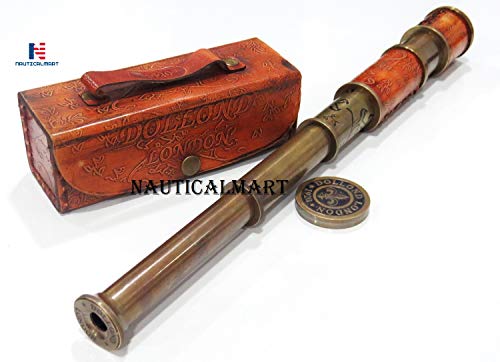 Brass Nautical Antique Working Telescope/Spyglass Replica In Leather Box, With Glass Optics, Extendable To 16 Inches, Made Of Pure Brass, Decorative Scope #TOP5