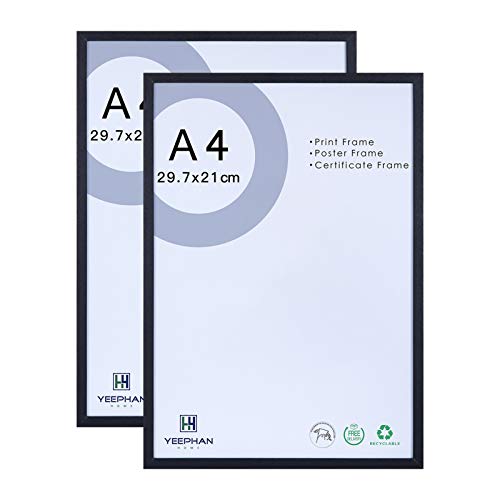 YEEPHAN Cadre photo A4 en bois massif avec vitre de sécurité en Plastic glass,cadre noir de 21 x 30 cm pour la maison et la décoration murale,à poser ou à fixer au mur,lot de 2