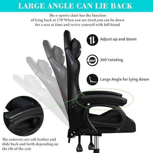 كرسي من سكاي-تاتش لألعاب الفيديو والعمل على الكمبيوتر والاستخدام المكتبي، يتميز بتصميم مريح مع دعم للظهر والرقبة، مصنوع من الفولاذ والجلد الصناعي، باللون الأسود