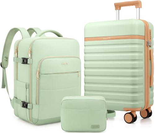 Luggage Sets 3 Piece, Carry On Luggage 20In With Spinner Wheels,PC Hardside Suitcase Set with TSA Lock,Durable Carry On Suitcase With Travel Backpack for Men (Light Green, 3 piece set (BP/20inch))