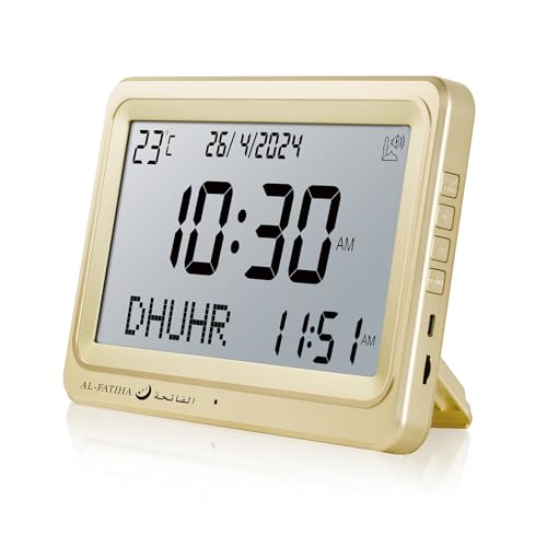 OUD Bukhoor Azan Clock Automatic Worldwide Digital 8 Azan Prayer Sounds Muslim Prayer Clock for USA Home Decor (Gold)