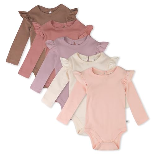 Image of HonestBaby baby-girls 5-pack Long Sleeve Ruffle Shoulder Bodysuits 100% Organic Cotton for Infant Baby Girls