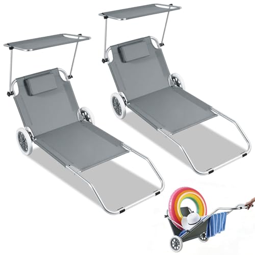 Jaxguom 2-in-1 Aluminium Sonnenliege mit Rollen 2er Strandliege klappbar leicht rostfrei Verstellbarer Liegestuhl mit Sonnendach Kissen Rollliege für Garten Strand Transporthilfe Grau