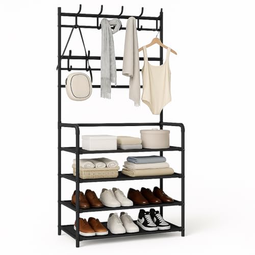 Sapateira Organizador com Cabideiro de Chão e 4 Prateleiras | Arara Multiuso Vertical para Roupas, Bolsas e Sapatos (Preto)