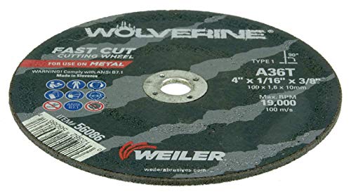 Image of Weiler 56086 4-Inch Cutting Wheel, Wolverine AO Steel /Metal Fast Cut, Value Cutting, 1 /16 inch A36T Type 1 3 /8 inch Arbor (Pack of 25)