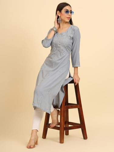 Image of Women's Chikankari-Lucknowi Embroidered Work | 3 /4 Sleeve | Knee Length | Round Neck | Cotton Fabric | Straight Kurta