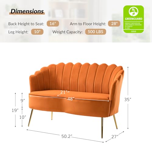 Image of HULALA HOME Modern Velvet Loveseat Sofa with Flower Shaped Back, Comfy Upholstered 2-Seater Sofa with Gold Metal Legs, Small Love Seat Accent Couch for Living Bedroom Leisure Areas, Orange