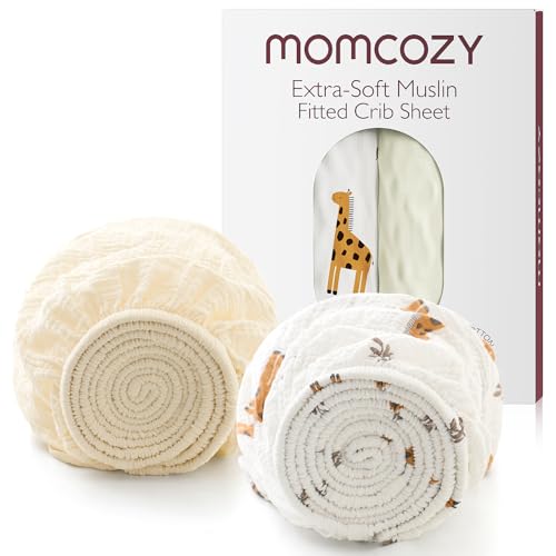 Image of Momcozy Muslin Mini Crib Sheets Fitted - 38''x26'' Pack and Play Sheets for Pack N Play Mattress, 2 Pack Soft & Breathable Natural Cotton Non Slip Bed Cover for Boys, Girls, Bravery Giraffe