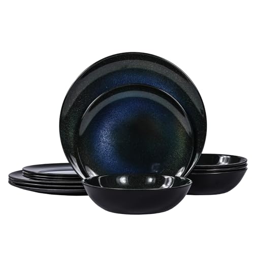 Melamine Dinnerware Set, 12pcs Plates and Bowls Set, Blue Dinner Dishes Set for Indoor and Outdoor, BPA-Free, Dishwasher Safe