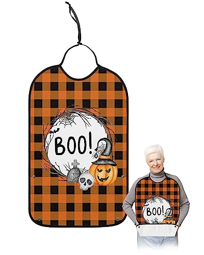 Halloween Adult Bibs for Eating, Waterproof Bibs with Food Catcher & Adjustable Snap Closure, Rustic Pumpkin Bat Black Orange Plaid Washable Clothing Protectors Adult Bibs for Elderly Women/Men