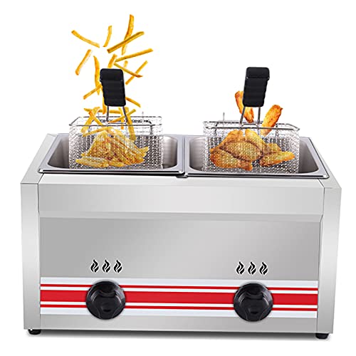 WOTZOV Freidora a Gas Comercial de Acero Inoxidable de 10L/20L con cestas extraíbles y Tapa, Potencia de Fuego Ajustable, máquina para Preparar Papas Fritas para Uso domést，Natural Gas 20L