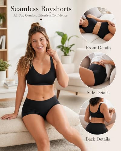 Image of Womens Boy Shorts Underwear Seamless Soft Stretch No Show Boxer Panties | Invisible Boxers Briefs Panties for Women, 6 Packs Boyshorts Lingerie for Ladies Gifts, Women's Clothing, Gym Yoga Running