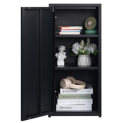 HollyHOME Armario de almacenamiento de metal con puerta, armario de almacenamiento de oficina con cierre magnético, armarios de archivado con estantes ajustables para sala de estar, negro - imagen 7