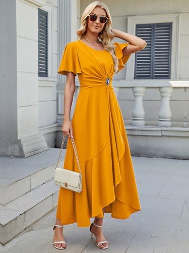 Image of QMZ Wedding Guest Dresses for Women V Neck Cocktail Dress Ruffle Sleeve A Line Evening Party Formal Dresses for Women