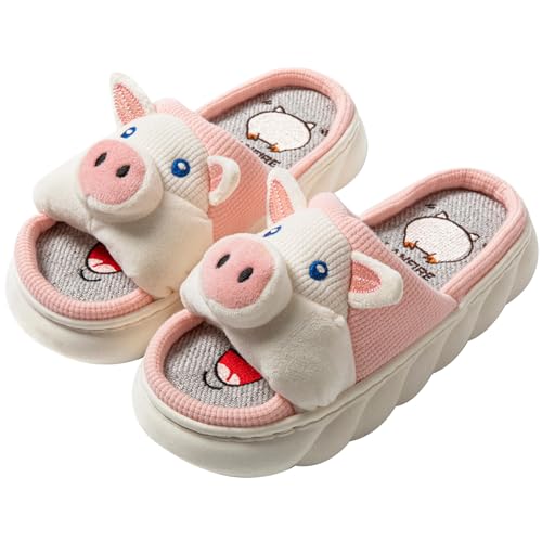 LANFIRE Women Slippers Cute Animal Pig Slippers Soft Cosy Four Seasons Home Linen Slippers (White Adult Women 7 Numeric Range US Footwear Size System 8 Medium)
