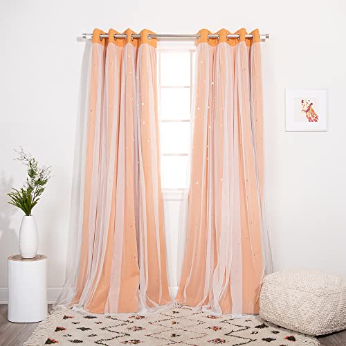Best Home Fashion Set of 2 Tulle Overlay Star Cut Out Silver Grommet Curtains for Bedroom, Living Room, Kids Room, Sun Blocking Thermal Insulated Blackout Window Curtains (Orange, 52