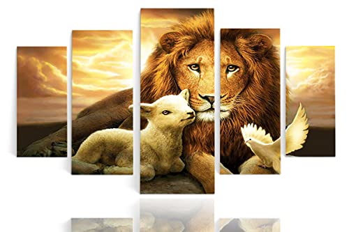 Tableau Multi Panneau 5 Parties, Tableau Imprimé, Tableau Imprimé Sur Toile, Animal Mouton Lion Decor Murale Salon Moderne-Sans Cadre Cover