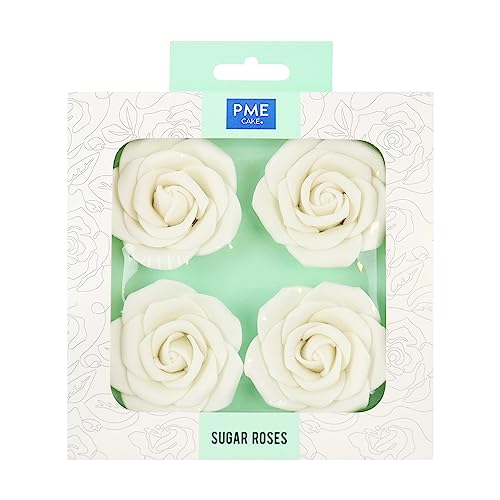 4 Decoraciones para Tarta de Rosas de Azúcar Blancas PME, 62 mm