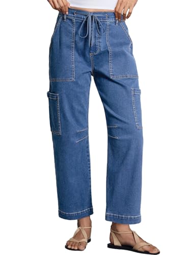 Dokotoo Baggy Jeans for Woman Casual High Waisted Elastic Stretch Cargo Jeans for Women Loose Drawstring Soft Cotton Breathable Straight Wide Leg Zipper Up Denim Pants with Pockets Sky Blue Size 10