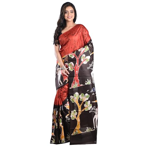 Image of 3stones Women's Pure Silk Saree | Handwoven, Hand Batik Pure Saree with Unstiched Blouse Material Piece | Suitable for All Indian Weddings & Festivals| Traditional Pattern | Red and Black