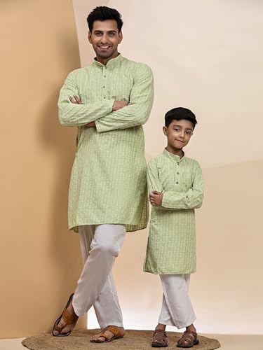 Image of Pro-Ethic Style Developer Men Silk Striped Father Son Matching Ethnic Wear Embroidery Mirror Work Kurta Pyjama Set |(Combo)B-117
