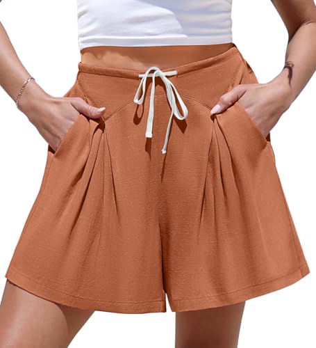 TARSE Linen Shorts for Women Casual Wide Leg High Waisted Shorts Loose Fit Drawstring Summer Beach Skort Pants(RedOrange,XXL)