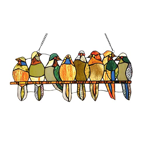 ARTZONE Birds Window Hangings W23 H9 Inch Stained Glass Panel Handmade Tiffany Suncatcher Home Decor for Christmas Thanksgiving Day Gifts