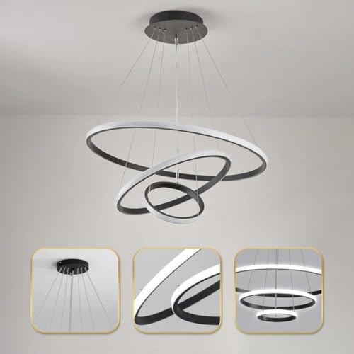 Image of OJIT Modern 3 Ring Led Chandelier, Pendant Light Height Adjustable Hanging Ceiling Lamp for Living Room, Kitchen, Indoor, Dining Table & Home Decor (Black) (Black Ring 5316)