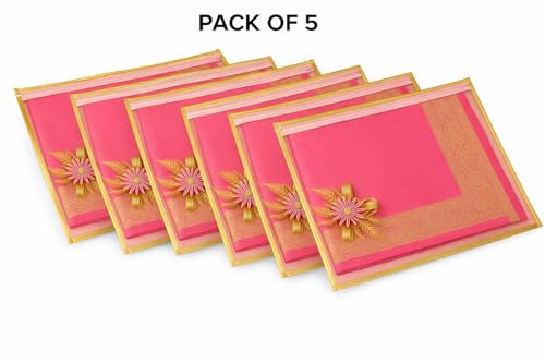 Image of RAAHII 5 Piece Wedding Gifting Transparent single saree cover with zip, suit packing plastic covers for sadi, duppata, clothes bags, lehenga, kurti for marriage Gift wardrobe storage organizer (Pink)