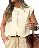 Tankaneo Womens Cropped Cap Sleeve Vest Tank Tops Summer Work Casual Crew Neck Button Down Waistcoats Beige