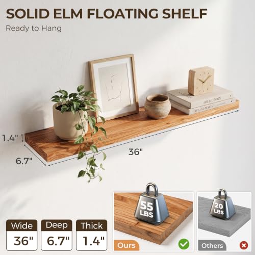 Image of Elm Floating Shelves for Wall - 36 in Rustic Solid Wood Shelves with Heavy-Duty Invisible Bracket, Wall-Mounted Wooden Shelf for Living Room, Bathroom, Kitchen Storage & Display, Set of 2, Natural