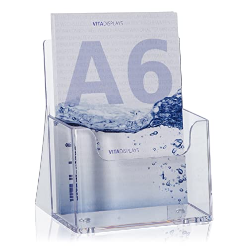 Soporte para folletos de mesa DIN A6 para folletos y folletos como práctico soporte para tarjetas postales en formato vertical. Soporte transparente para folletos para su publicidad impresa.