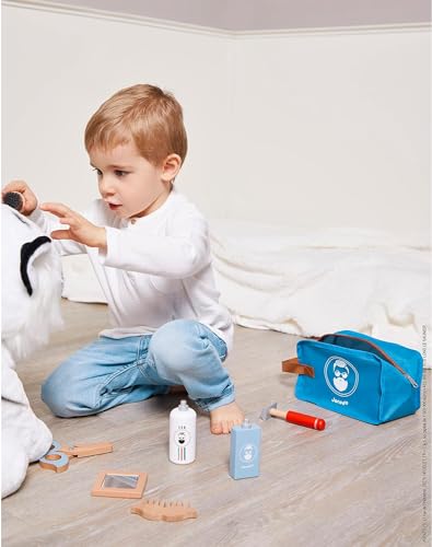 Janod - Barbierkoffer für Kinder - 7 Holz-Accessoires + Etui - Rollenspielzeug - Entwickelt die Fantasie - Holzspielzeug - Ab 3 Jahre, J06552