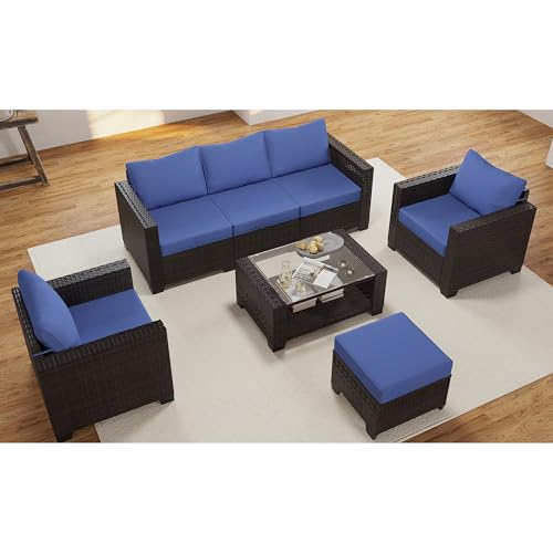 KIGOTY Patio Furniture Set 7 Pieces Conversation Sets, Outdoor Sectional Sofa, All-Weather PE Rattan Modular Sofa with Cushions and Glass Coffee Tableï¼ˆBrown/Dark Blueï¼‰