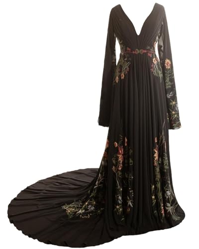Black Bohemian Maxi Wedding Dress Black Chiffon Bridal Gown with