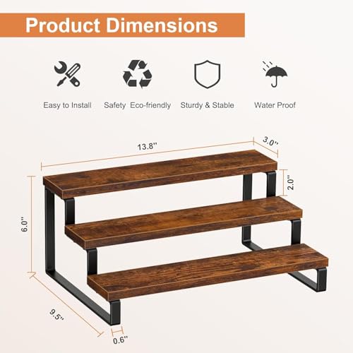 Image of 3 Tier Wooden Spice Rack for Kitchen Countertop -Step Shelf Organizer for Spices, Jars & Condiments | Metal Frame Wood Shelf for Pantry, Cabinet & Counter Storage (35 x 24 x 15 cm)