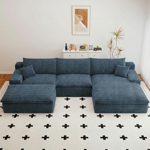 Image of 107 inch Cloud Couch Modular Sectional Sofa for Living Room, U-Shape Boneless Couch with Deep Seat, Modern Corduroy 3-Seater with Ottoman, No Assembly Required (Blue,Right-Facing Chaise)