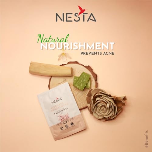 Image of Nesta Premium Sandalwood & Aloe Vera Facial Wet Wipes 100 Sachets | Face & Hand Cleansing Wipes | Alcohol Free, Paraben Free, Gentle on Skin | Travel Friendly Pocket Wipes, Face Tissue Towelettes for Men & Women