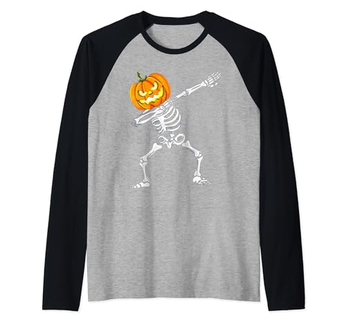 Divertida camiseta de Halloween para niños Dabbing Skeleton Pumpkin Camiseta Manga Raglan