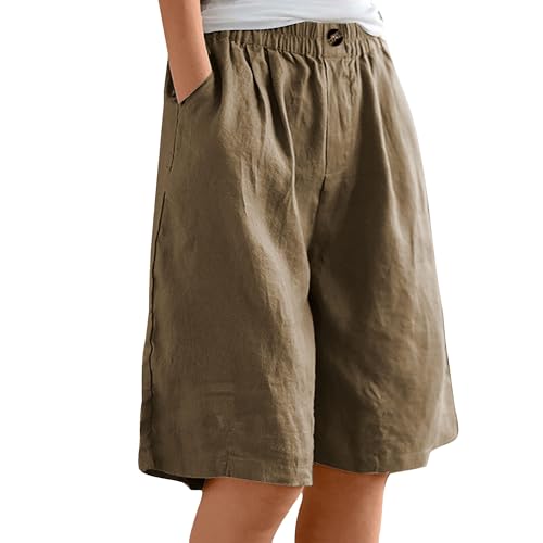 RegaliaKun Bermuda Shorts for Women Wide Leg Cotton Knee Length Summer Casual Long Shorts Loose High Waisted Short with Pockets Dark Khaki