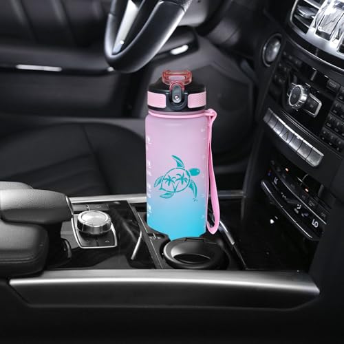 Fenmshairy Sea Turtle Water Bottle with Straw, LeakProof, Carry Strap, BPA Free, 32 Oz Motivational Sport Water Bottle with Time Marker to Drink, Ideal for Gym Fitness Outdoor