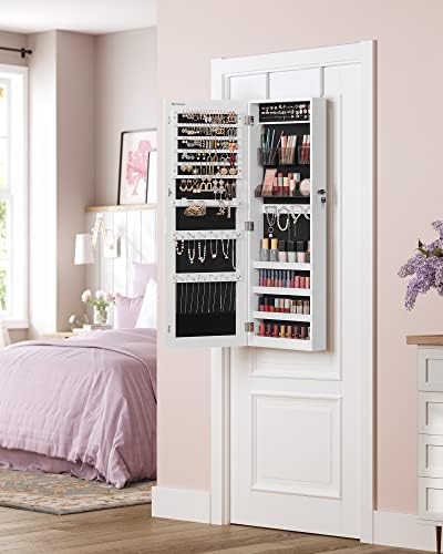 SONGMICS Armario Joyero, Espejo Joyero Montado en la Pared o en la Puerta, Espejo Colgante con Cerradura, 2 Organizadores de Maquillaje de Plástico Extraíbles, Idea de Regalo, Blanco JJC001W01